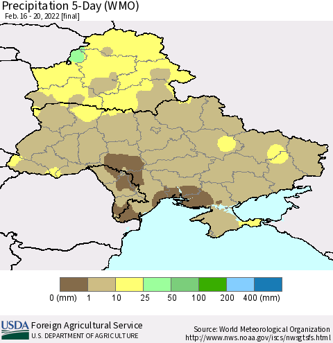 Ukraine, Moldova and Belarus Precipitation 5-Day (WMO) Thematic Map For 2/16/2022 - 2/20/2022