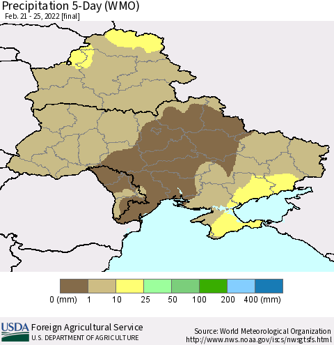 Ukraine, Moldova and Belarus Precipitation 5-Day (WMO) Thematic Map For 2/21/2022 - 2/25/2022