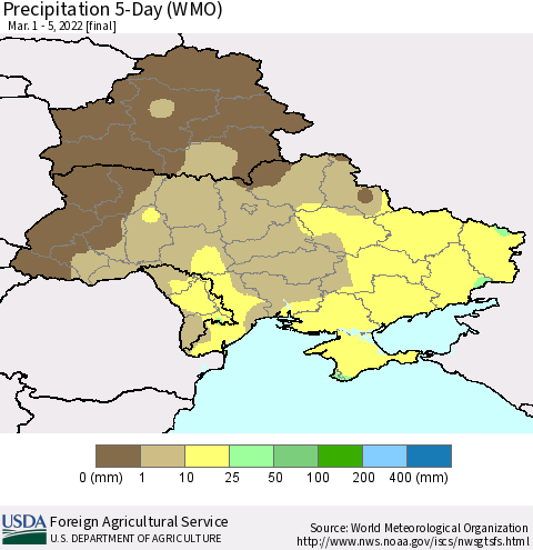 Ukraine, Moldova and Belarus Precipitation 5-Day (WMO) Thematic Map For 3/1/2022 - 3/5/2022