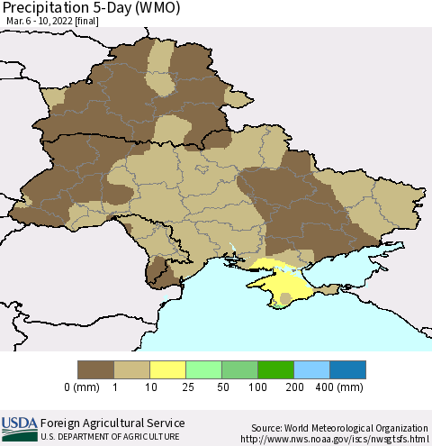Ukraine, Moldova and Belarus Precipitation 5-Day (WMO) Thematic Map For 3/6/2022 - 3/10/2022