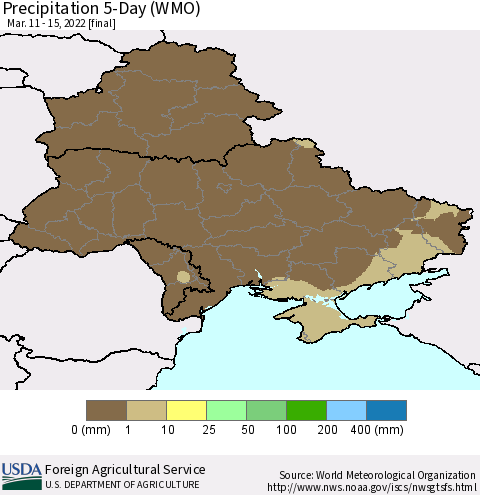 Ukraine, Moldova and Belarus Precipitation 5-Day (WMO) Thematic Map For 3/11/2022 - 3/15/2022
