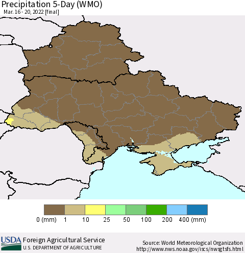 Ukraine, Moldova and Belarus Precipitation 5-Day (WMO) Thematic Map For 3/16/2022 - 3/20/2022