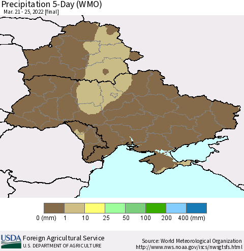 Ukraine, Moldova and Belarus Precipitation 5-Day (WMO) Thematic Map For 3/21/2022 - 3/25/2022