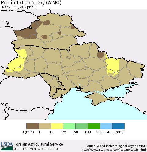 Ukraine, Moldova and Belarus Precipitation 5-Day (WMO) Thematic Map For 3/26/2022 - 3/31/2022