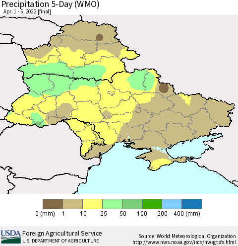 Ukraine, Moldova and Belarus Precipitation 5-Day (WMO) Thematic Map For 4/1/2022 - 4/5/2022