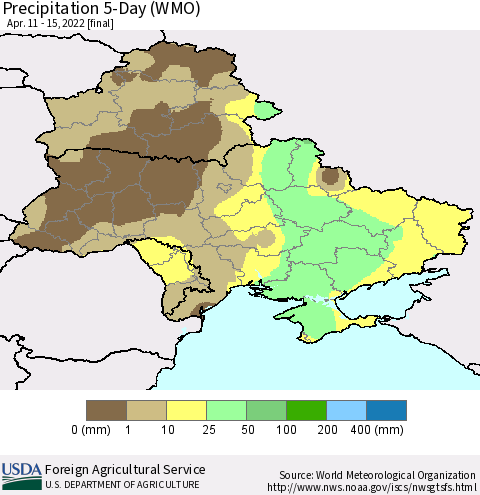 Ukraine, Moldova and Belarus Precipitation 5-Day (WMO) Thematic Map For 4/11/2022 - 4/15/2022