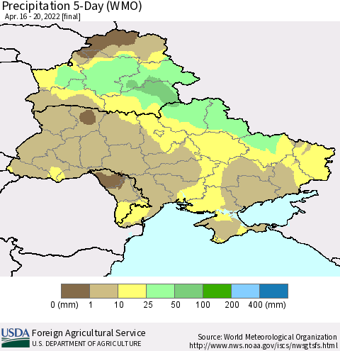 Ukraine, Moldova and Belarus Precipitation 5-Day (WMO) Thematic Map For 4/16/2022 - 4/20/2022