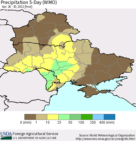 Ukraine, Moldova and Belarus Precipitation 5-Day (WMO) Thematic Map For 4/26/2022 - 4/30/2022