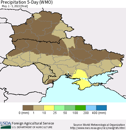 Ukraine, Moldova and Belarus Precipitation 5-Day (WMO) Thematic Map For 5/1/2022 - 5/5/2022