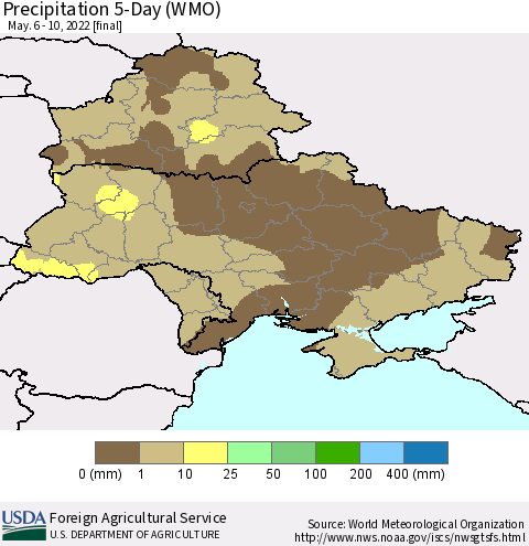 Ukraine, Moldova and Belarus Precipitation 5-Day (WMO) Thematic Map For 5/6/2022 - 5/10/2022