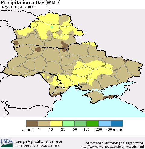 Ukraine, Moldova and Belarus Precipitation 5-Day (WMO) Thematic Map For 5/11/2022 - 5/15/2022