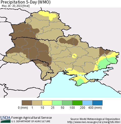 Ukraine, Moldova and Belarus Precipitation 5-Day (WMO) Thematic Map For 5/16/2022 - 5/20/2022