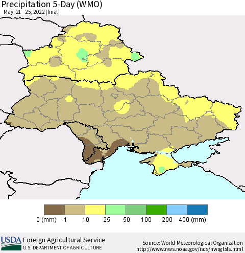 Ukraine, Moldova and Belarus Precipitation 5-Day (WMO) Thematic Map For 5/21/2022 - 5/25/2022