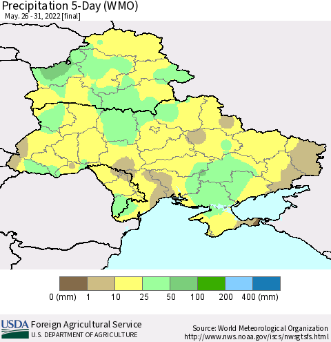 Ukraine, Moldova and Belarus Precipitation 5-Day (WMO) Thematic Map For 5/26/2022 - 5/31/2022