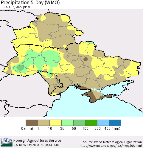 Ukraine, Moldova and Belarus Precipitation 5-Day (WMO) Thematic Map For 6/1/2022 - 6/5/2022