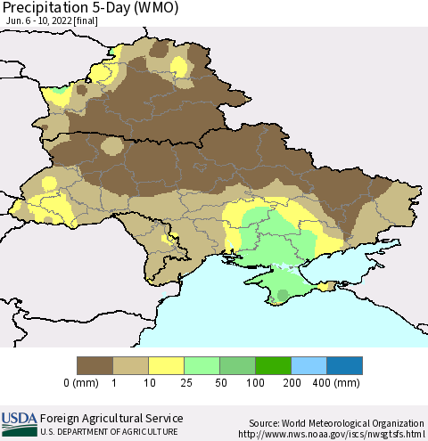 Ukraine, Moldova and Belarus Precipitation 5-Day (WMO) Thematic Map For 6/6/2022 - 6/10/2022