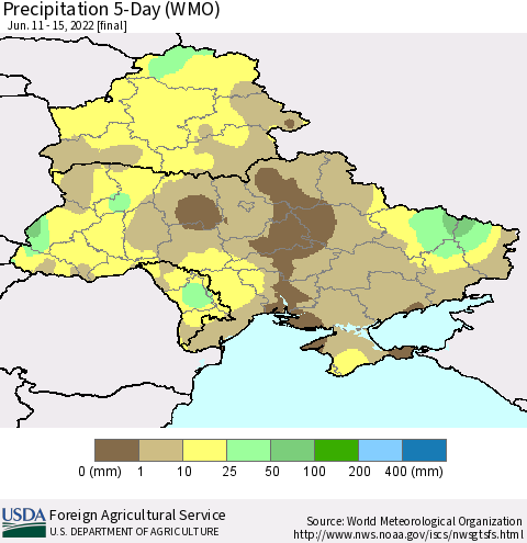 Ukraine, Moldova and Belarus Precipitation 5-Day (WMO) Thematic Map For 6/11/2022 - 6/15/2022