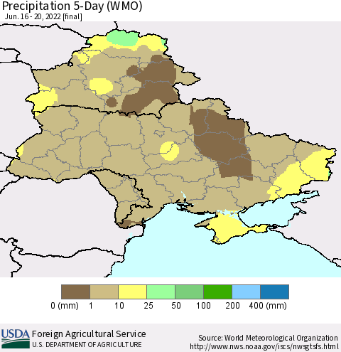 Ukraine, Moldova and Belarus Precipitation 5-Day (WMO) Thematic Map For 6/16/2022 - 6/20/2022