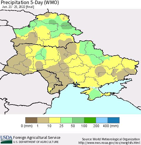 Ukraine, Moldova and Belarus Precipitation 5-Day (WMO) Thematic Map For 6/21/2022 - 6/25/2022
