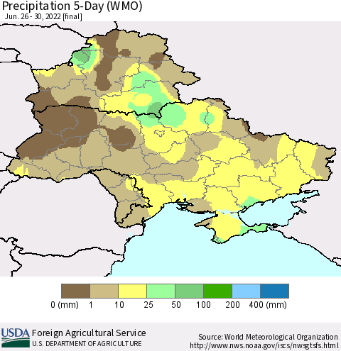 Ukraine, Moldova and Belarus Precipitation 5-Day (WMO) Thematic Map For 6/26/2022 - 6/30/2022