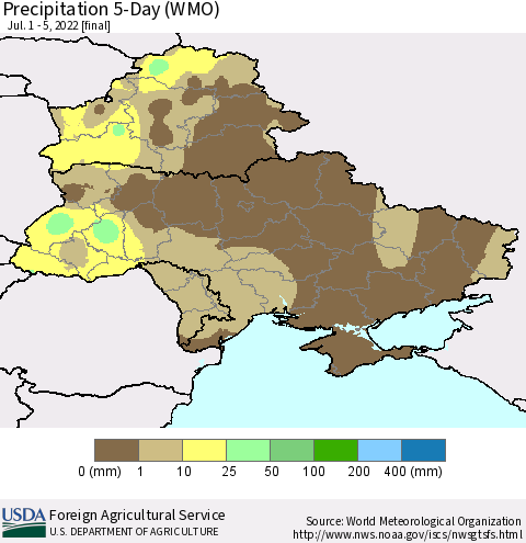 Ukraine, Moldova and Belarus Precipitation 5-Day (WMO) Thematic Map For 7/1/2022 - 7/5/2022