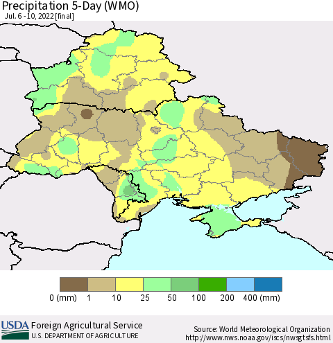 Ukraine, Moldova and Belarus Precipitation 5-Day (WMO) Thematic Map For 7/6/2022 - 7/10/2022