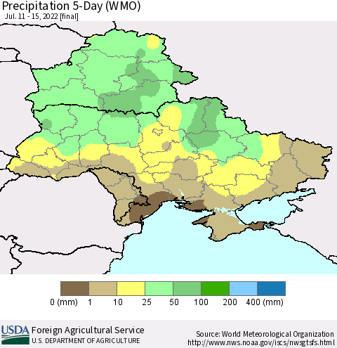 Ukraine, Moldova and Belarus Precipitation 5-Day (WMO) Thematic Map For 7/11/2022 - 7/15/2022