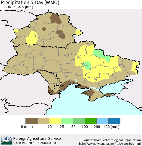 Ukraine, Moldova and Belarus Precipitation 5-Day (WMO) Thematic Map For 7/16/2022 - 7/20/2022