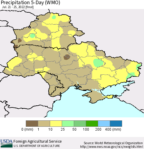 Ukraine, Moldova and Belarus Precipitation 5-Day (WMO) Thematic Map For 7/21/2022 - 7/25/2022