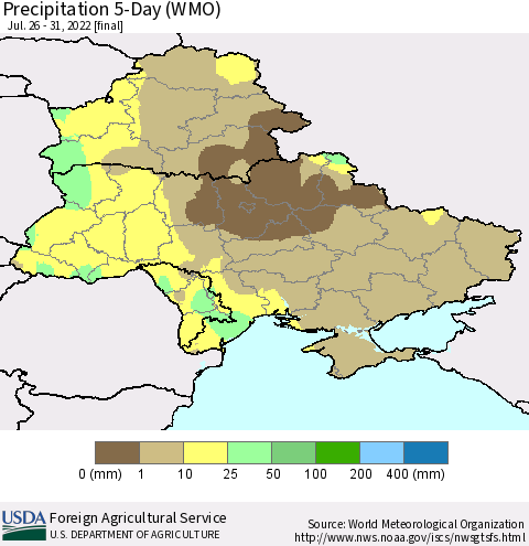 Ukraine, Moldova and Belarus Precipitation 5-Day (WMO) Thematic Map For 7/26/2022 - 7/31/2022