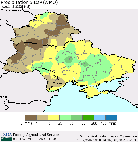 Ukraine, Moldova and Belarus Precipitation 5-Day (WMO) Thematic Map For 8/1/2022 - 8/5/2022