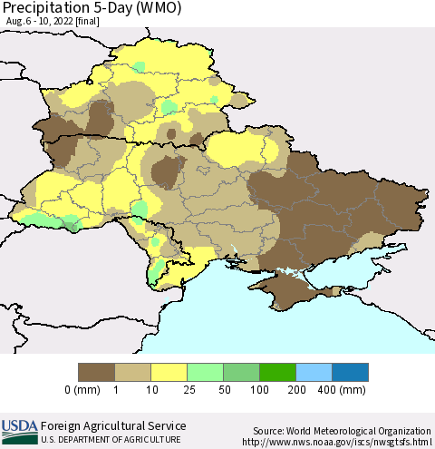 Ukraine, Moldova and Belarus Precipitation 5-Day (WMO) Thematic Map For 8/6/2022 - 8/10/2022