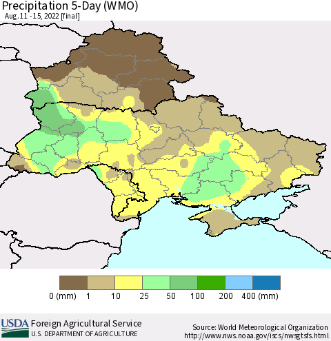 Ukraine, Moldova and Belarus Precipitation 5-Day (WMO) Thematic Map For 8/11/2022 - 8/15/2022