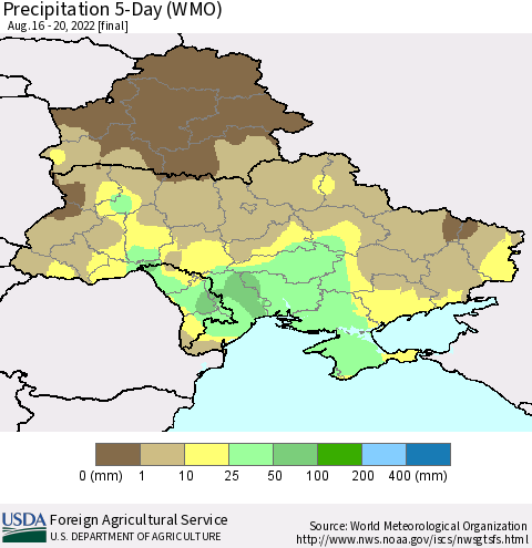 Ukraine, Moldova and Belarus Precipitation 5-Day (WMO) Thematic Map For 8/16/2022 - 8/20/2022