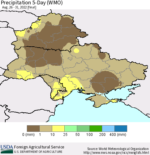 Ukraine, Moldova and Belarus Precipitation 5-Day (WMO) Thematic Map For 8/26/2022 - 8/31/2022