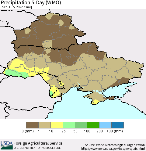 Ukraine, Moldova and Belarus Precipitation 5-Day (WMO) Thematic Map For 9/1/2022 - 9/5/2022