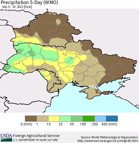 Ukraine, Moldova and Belarus Precipitation 5-Day (WMO) Thematic Map For 9/6/2022 - 9/10/2022