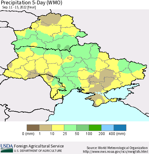 Ukraine, Moldova and Belarus Precipitation 5-Day (WMO) Thematic Map For 9/11/2022 - 9/15/2022