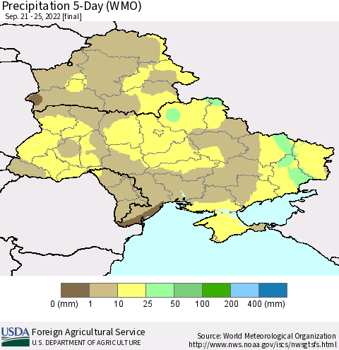 Ukraine, Moldova and Belarus Precipitation 5-Day (WMO) Thematic Map For 9/21/2022 - 9/25/2022