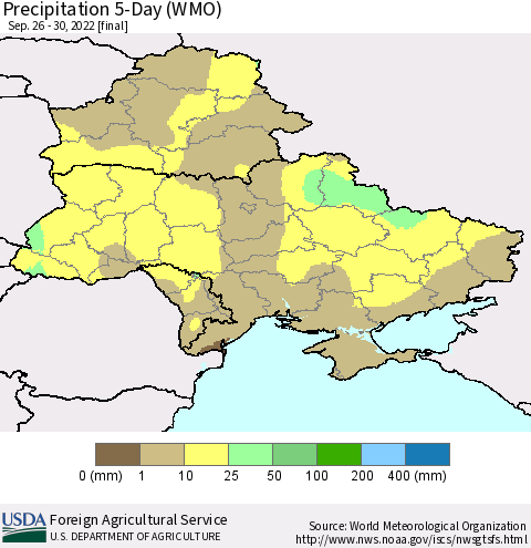 Ukraine, Moldova and Belarus Precipitation 5-Day (WMO) Thematic Map For 9/26/2022 - 9/30/2022
