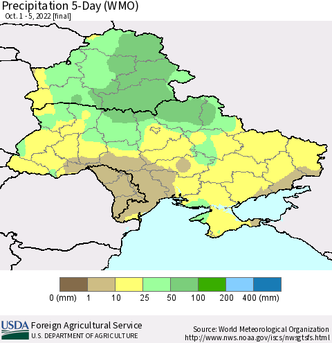 Ukraine, Moldova and Belarus Precipitation 5-Day (WMO) Thematic Map For 10/1/2022 - 10/5/2022