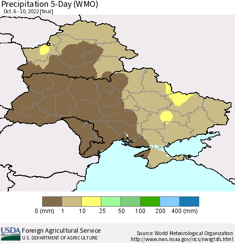 Ukraine, Moldova and Belarus Precipitation 5-Day (WMO) Thematic Map For 10/6/2022 - 10/10/2022