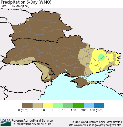 Ukraine, Moldova and Belarus Precipitation 5-Day (WMO) Thematic Map For 10/11/2022 - 10/15/2022