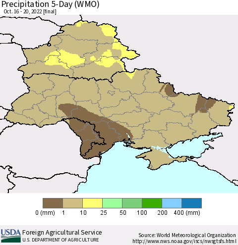Ukraine, Moldova and Belarus Precipitation 5-Day (WMO) Thematic Map For 10/16/2022 - 10/20/2022