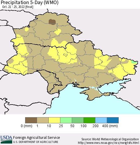 Ukraine, Moldova and Belarus Precipitation 5-Day (WMO) Thematic Map For 10/21/2022 - 10/25/2022