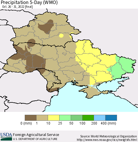 Ukraine, Moldova and Belarus Precipitation 5-Day (WMO) Thematic Map For 10/26/2022 - 10/31/2022