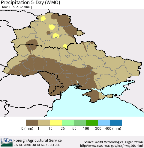 Ukraine, Moldova and Belarus Precipitation 5-Day (WMO) Thematic Map For 11/1/2022 - 11/5/2022