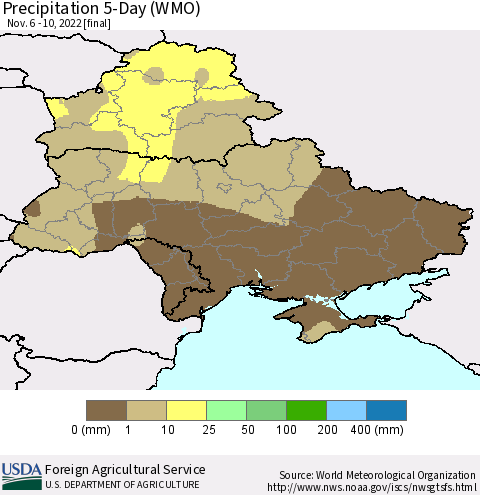 Ukraine, Moldova and Belarus Precipitation 5-Day (WMO) Thematic Map For 11/6/2022 - 11/10/2022