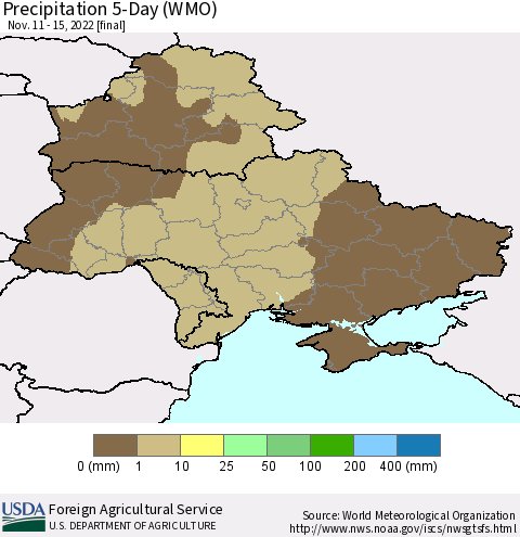 Ukraine, Moldova and Belarus Precipitation 5-Day (WMO) Thematic Map For 11/11/2022 - 11/15/2022