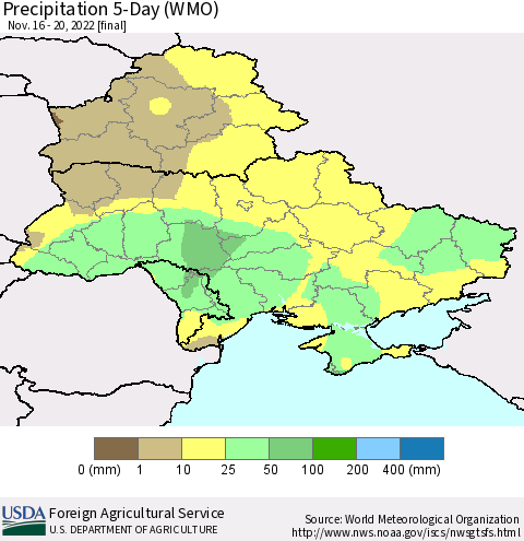 Ukraine, Moldova and Belarus Precipitation 5-Day (WMO) Thematic Map For 11/16/2022 - 11/20/2022